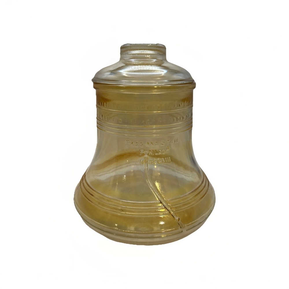 Vintage 1976 Glass Liberty Bell Cookie Jar Marigold Iridescent ByAnchor Hocking